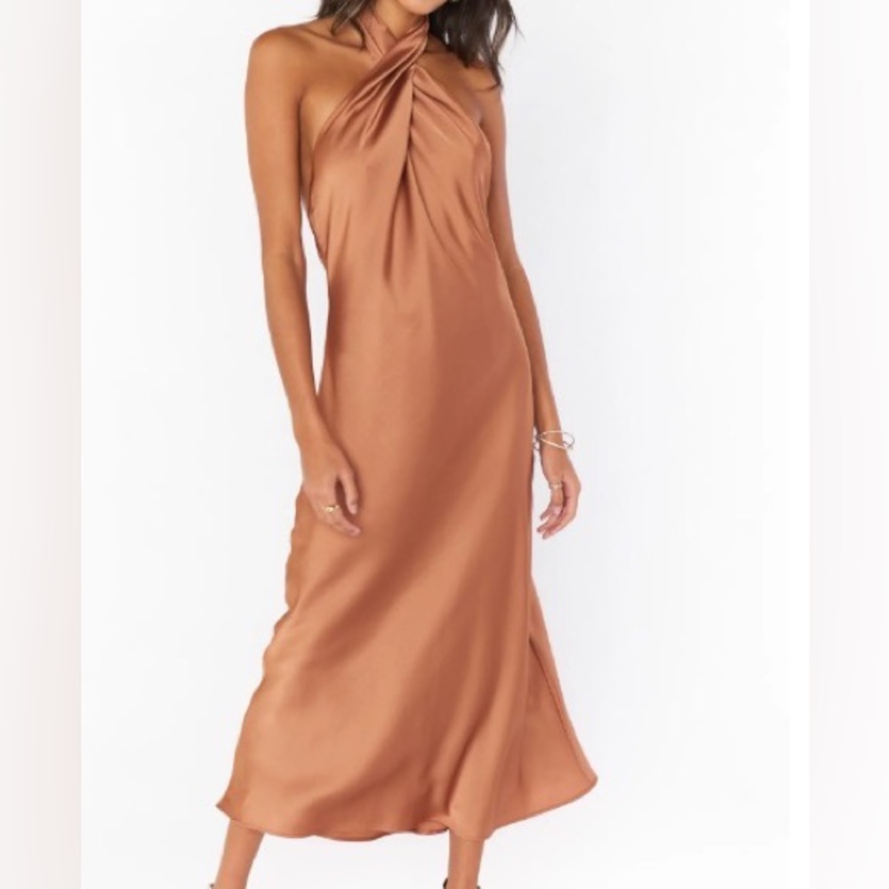 Show Me Your Mumu Jasmine Halter Midi Dress Copper Luxe Satin